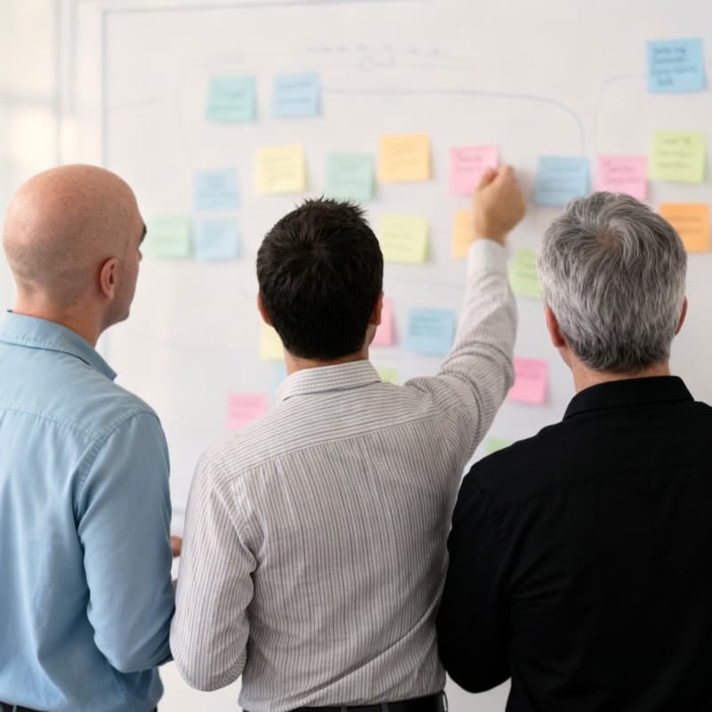 Tres persona trabajando en equipo definiendo un proyecto